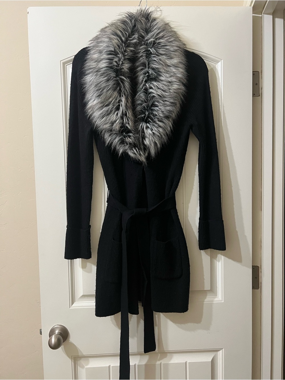 INC International Concepts Black Knit Cardigan with Gray Faux Fur Collar